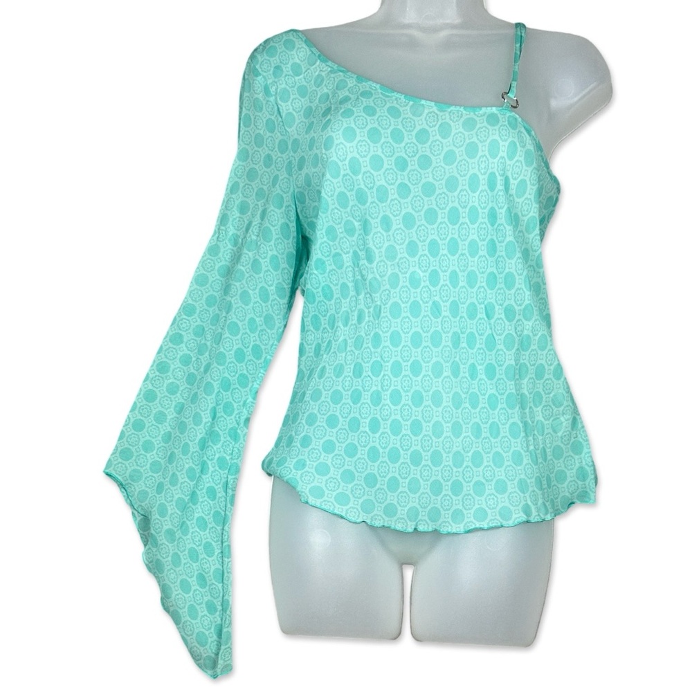 Asymmetric One-Shoulder Mint Green Blouse with Draped Sleeve - Picture 2 of 16